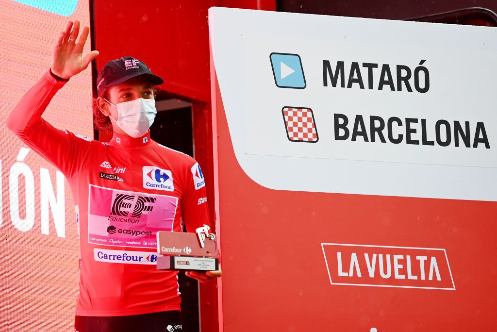BARCELONA SPAIN AUGUST 27 Andrea Piccolo of Italy and Team EF EducationEasyPost celebrates at podium as Red Leader Jersey winner during the 78th Tour of Spain 2023 Stage 2 a 1818km stage from Matar to Barcelona UCIWT on August 27 2023 in Barcelona Spain Photo by Tim de WaeleGetty Images