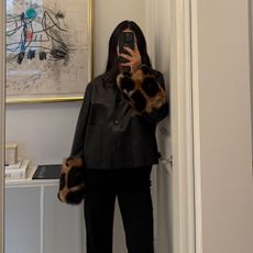 @nicoleakhtarzad loewe leather jacket with leopard cuffs