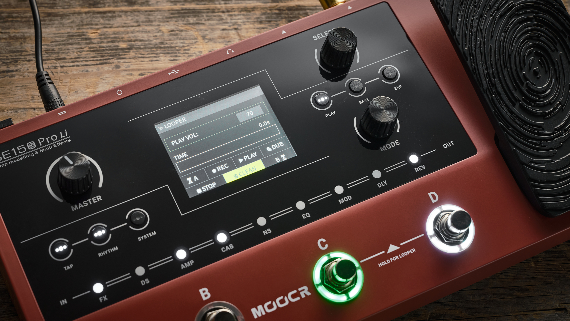 Mooer GE150 Pro li on wooden floor