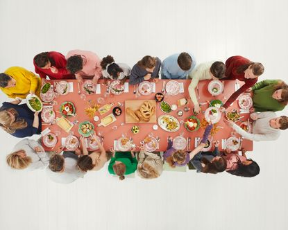 The Extreme Cashmere team sit down for lunch. An overview of people sitting at a long pink dining table with food on it.