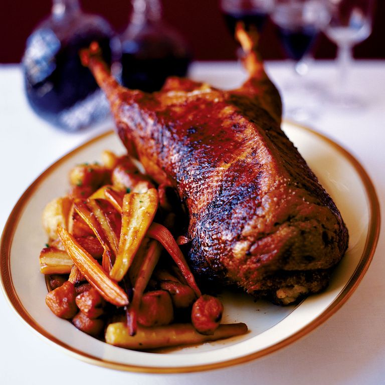 Simon Hopkinson's Goose with Roasted Sweet Potatoe, Carrots and Parsnips-recipes-woman and home