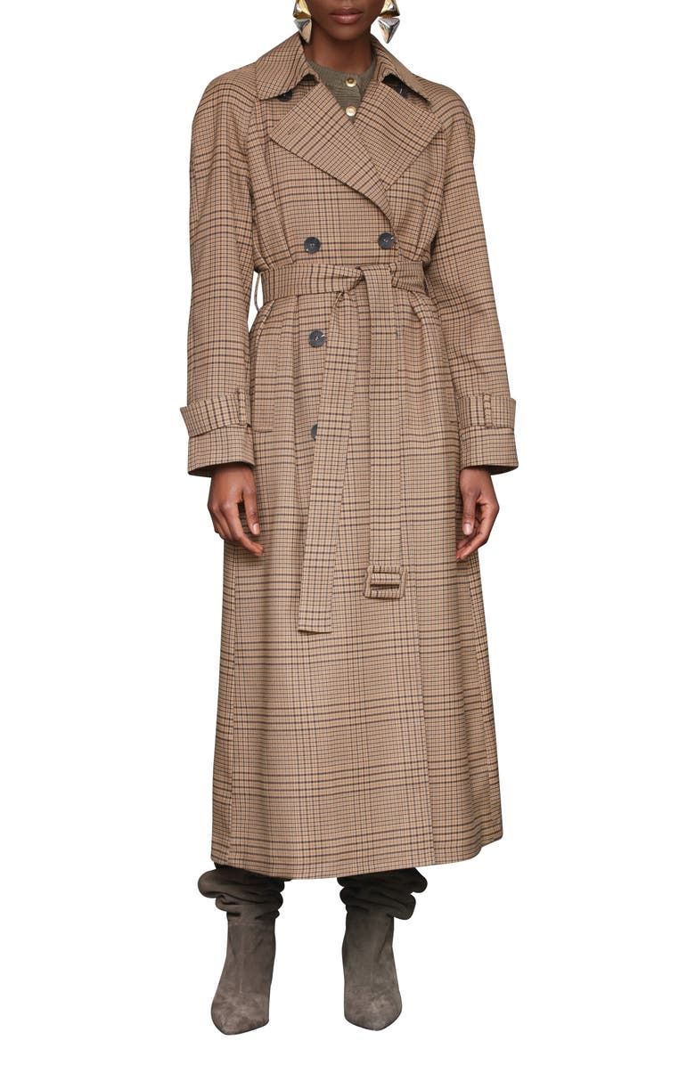 Double Breasted Houndstooth Plaid Trench Coat