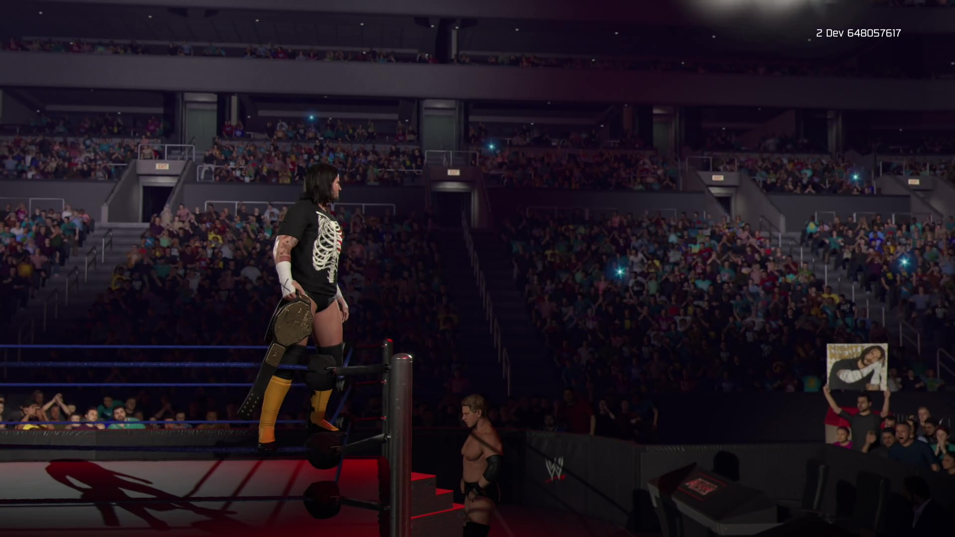 A screenshot of a wrestler standing on the ropes looking to the crowd in upcoming wrestling game WWE 2K26