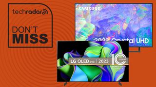 Black Friday TV roundup image with LG C3 and Samsung CU8500 on orange background 
