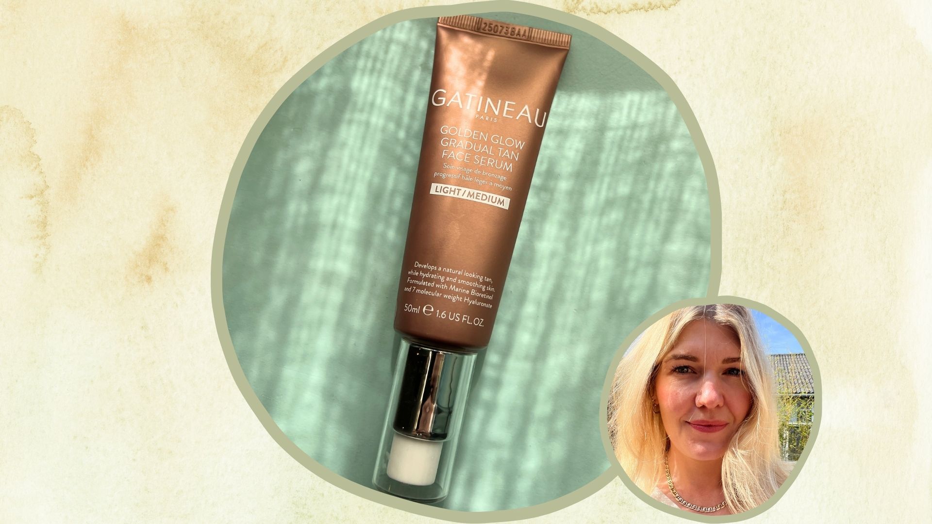 An image of Gatineau Golden Glow gradual tan serum pictured on a blue surface, beside an image of beauty editor Fiona McKim wearing gradual tan with a lightly tanned complexion on a sunny day
