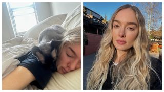 hannah baxter with her cat on the left, and then with full hair and makeup on the right