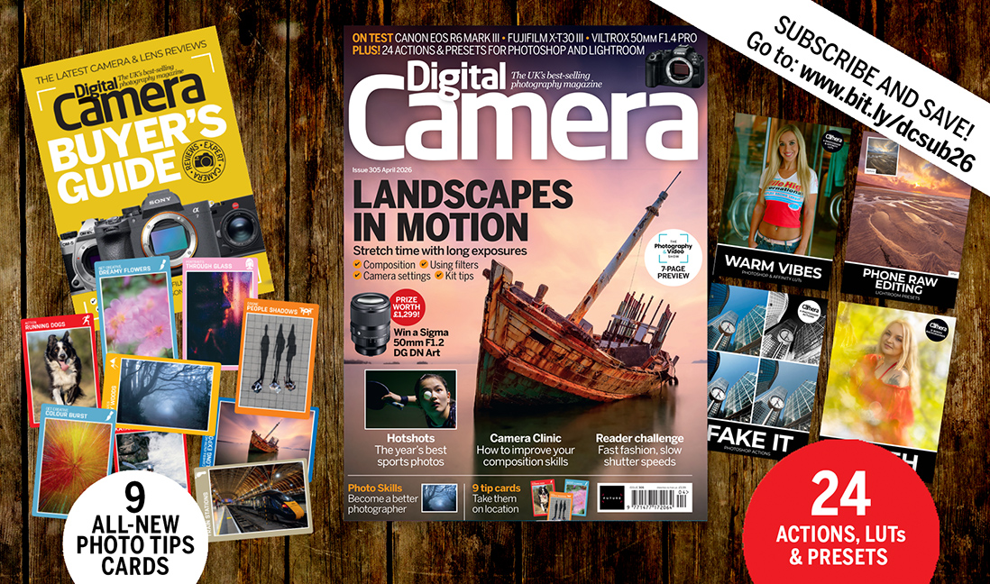 Front cover of issue 305 (April 2026) of Digital Camera magazine and images showing the highlights of the bonus gifts included with the magazine &amp;ndash; nine photo tips cards, 4 image editing tutorial videos, 24 software extras and an e-book