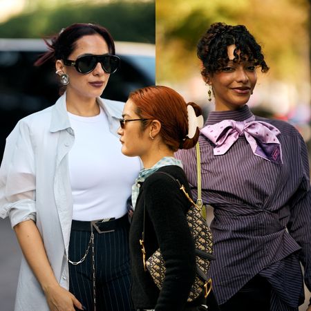 a collage of three stylish women with updos at paris fashion week