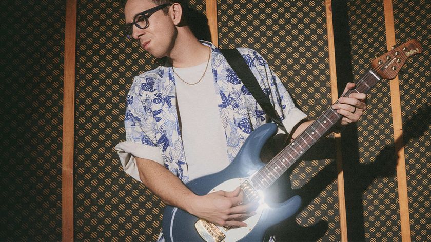 Cory Wong with his Ernie Ball Music Man StingRay II