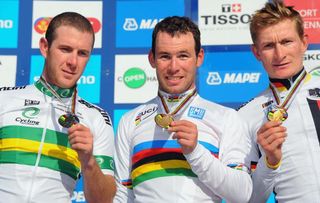 The 2011 World Championships podium of Matt Goss (Australia), Mark Cavendish (Great Britain), and André Greipel (Germany)