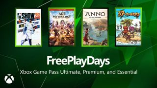 Promotional image showcasing four video games available during Free Play Days on Xbox Game Pass: MLB The Show 23, Age of Mythology, Anno 1800: Pax Romana, and The Survivalists.