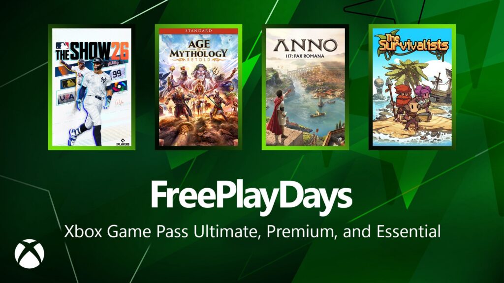 Promotional image showcasing four video games available during Free Play Days on Xbox Game Pass: MLB The Show 23, Age of Mythology, Anno 1800: Pax Romana, and The Survivalists.