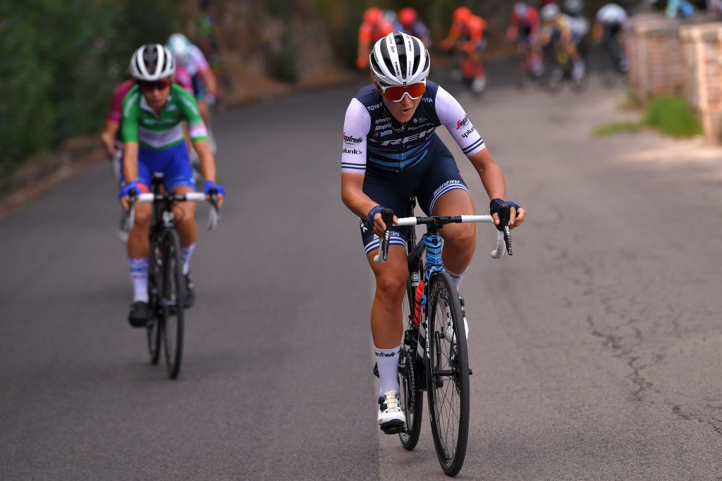 TERRACINA ITALY SEPTEMBER 15 Elisa Longo Borghini of Italy and Team Trek Segafredo Cecilie Uttrup Ludwig of Denmark and Team FDJ Nouvelle Aquitaine Futuroscope Green Mountain Jersey during the 31st Giro dItalia Internazionale Femminile 2020 Stage 5 a 1103km stage from Terracina to Terracina GiroRosaIccrea GiroRosa on September 15 2020 in Terracina Italy Photo by Luc ClaessenGetty Images