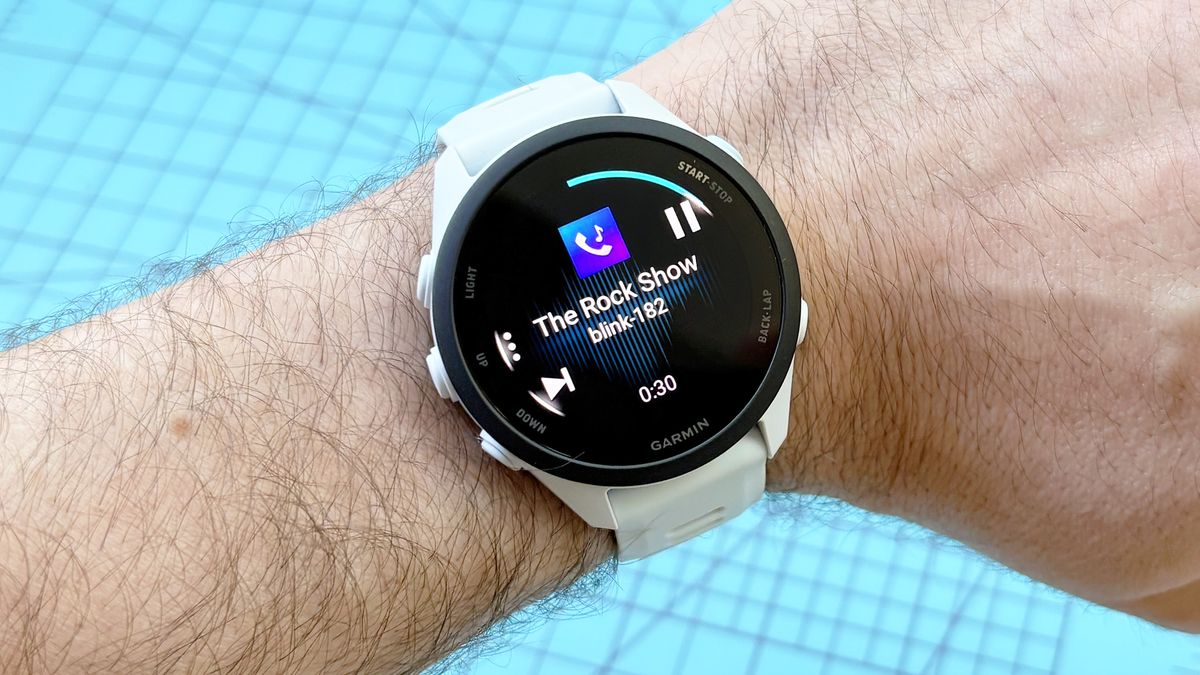 Close-up of the Garmin Forerunner 70 entry-level running watch in white