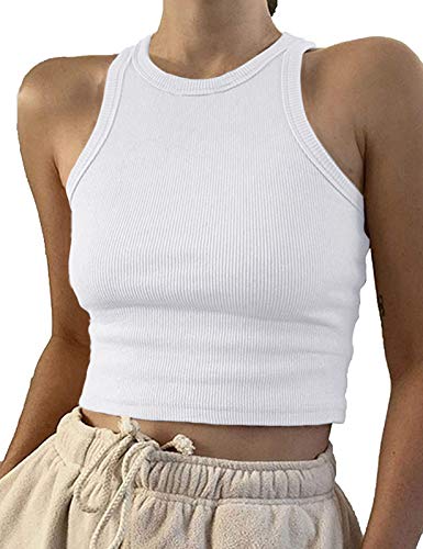 Artfish Women Casual Basic Sleeveless High Neck Rib-Knit Front Racerback Crop Tank Top 01#white,xs