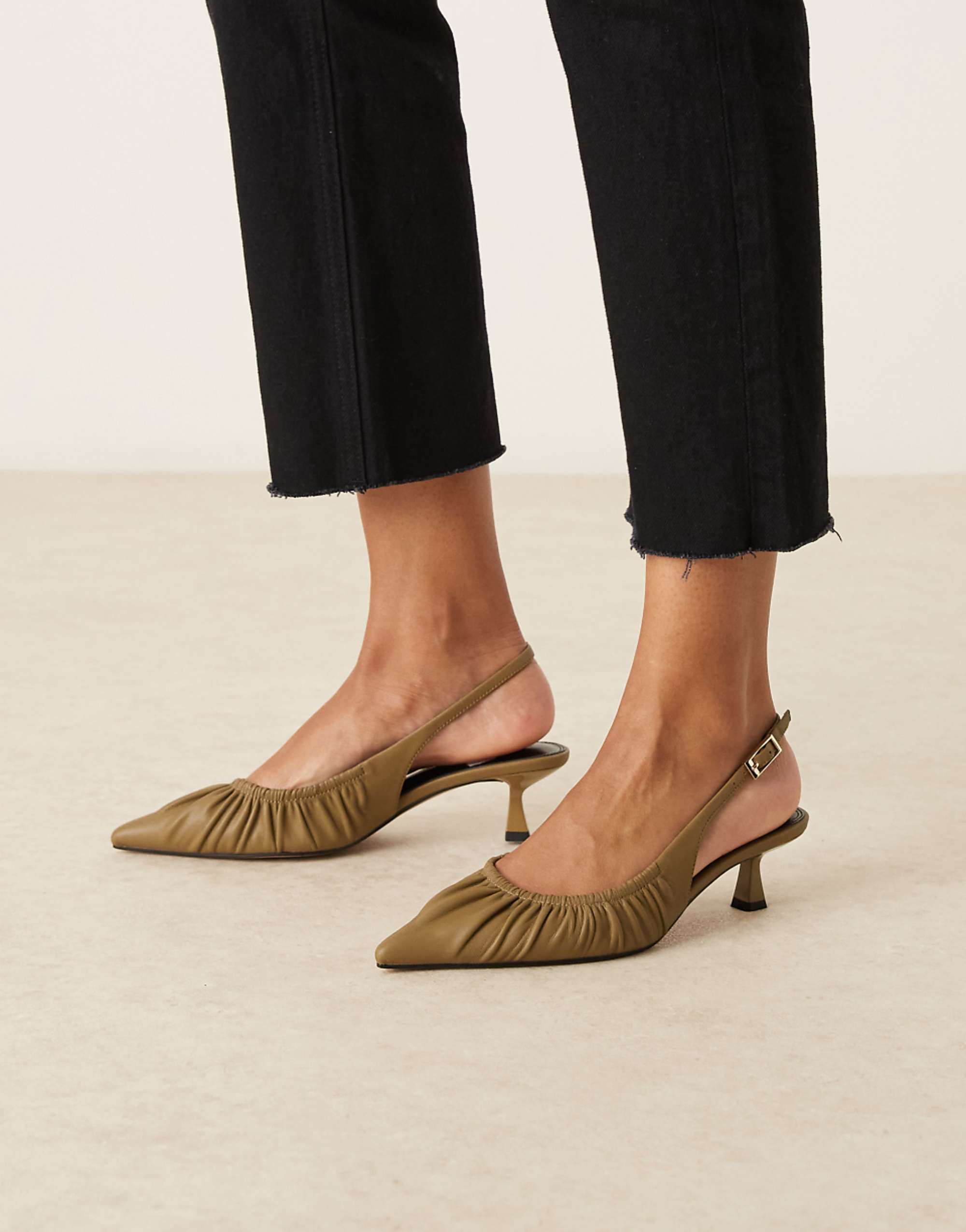 Asos Design Serenity Ruched Slingback Kitten Heel Shoes in Khaki