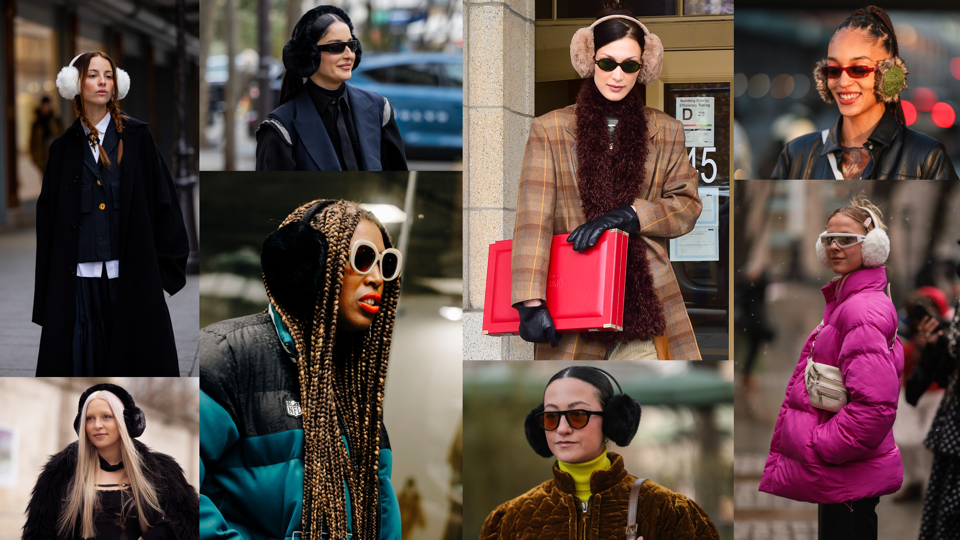 a collage of women wearing furry black, white, and brown earmuffs at New York and Paris Fashion Week