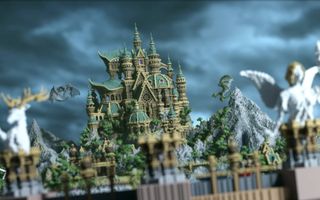 Minecraft castle ideas - a low angle picture of a green castle city with dragons