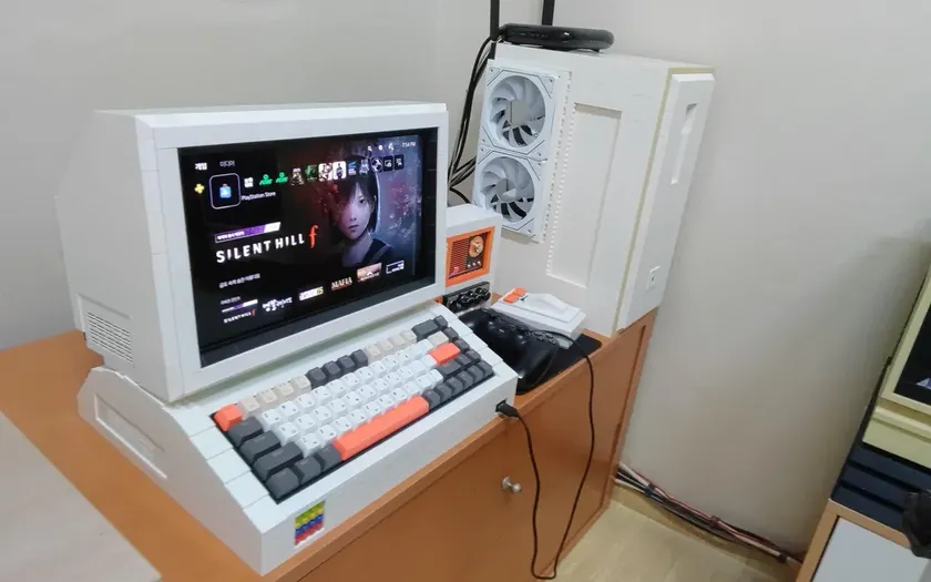 Custom PC setup built with Lego-style bricks