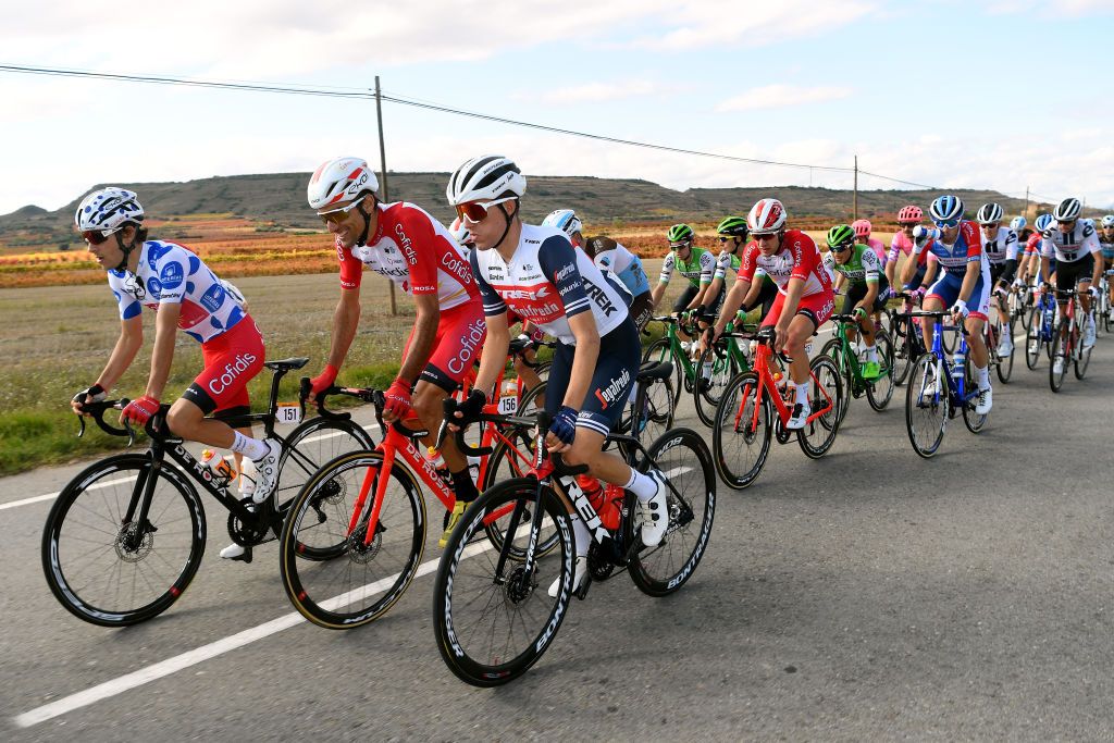 ALTODEMONCALVILLO SPAIN OCTOBER 28 Guillaume Martin of France and Team Cofidis Solutions Credits Polka Dot Mountain Jersey Luis Angel Mate Mardones of Spain and Team Cofidis Solutions Credits Juan Pedro Lopez of Spain and Team Trek Segafredo during the 75th Tour of Spain 2020 Stage 8 a 164km stage from Logroo to Alto de Moncalvillo 1490m lavuelta LaVuelta20 on October 28 2020 in Alto de Moncalvillo Spain Photo by David RamosGetty Images