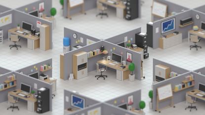An isometric render of a cubicle office workplace, with desks, chairs, monitors, plants, wall stats and photos, etc on a tiled white floor. 