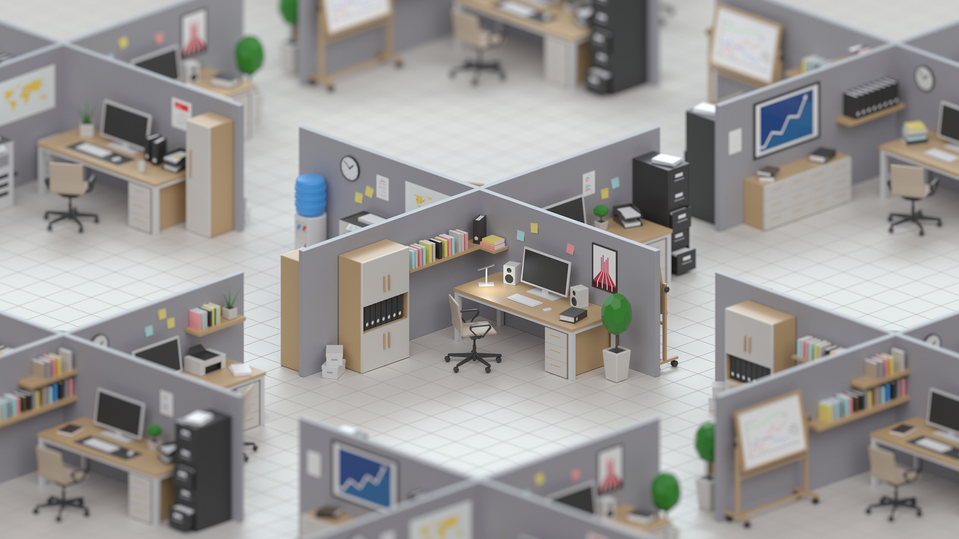 An isometric render of a cubicle office workplace, with desks, chairs, monitors, plants, wall stats and photos, etc on a tiled white floor. 