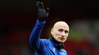 Jonjo Shelvey acknowledges the Nottingham Forest fans ahead of a Premier League game against Manchester City in February 2023.