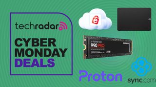 SSD and cloud logos infront of a green background with cyber monay posting