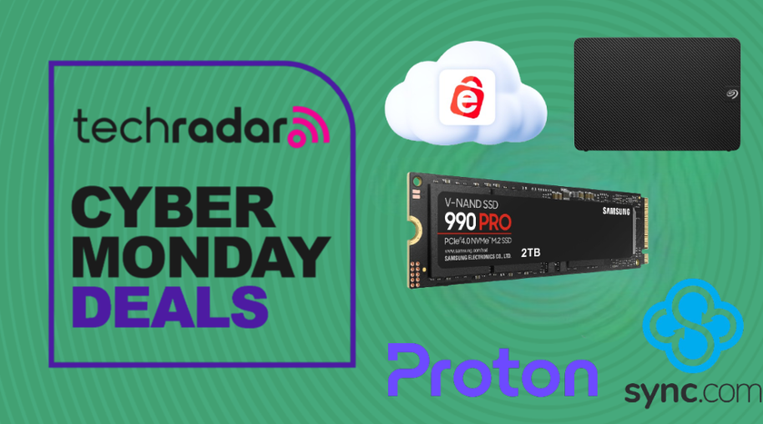 SSD and cloud logos infront of a green background with cyber monay posting