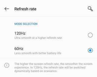 Refresh rate settings on OnePlus 8 Pro