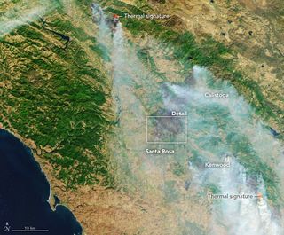 The Operational Land Imager on Landsat 8 — a satellite run by NASA and the U.S. Geological Survey — acquired the data for this false-color view of the fires in Northern California on Wednesday (Oct. 11).