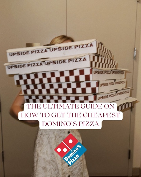 A person holding a bunch of pizza boxes with the text 'the ultimate guide on how to get the cheapest domino's pizza'