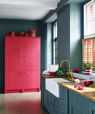 An example of kitchen cabinet ideas showing cabinetry in blue with a bold red kitchen cabinet