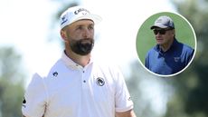 Jon Rahm looking muted at The Masters and an inset of Sir Nick Faldo