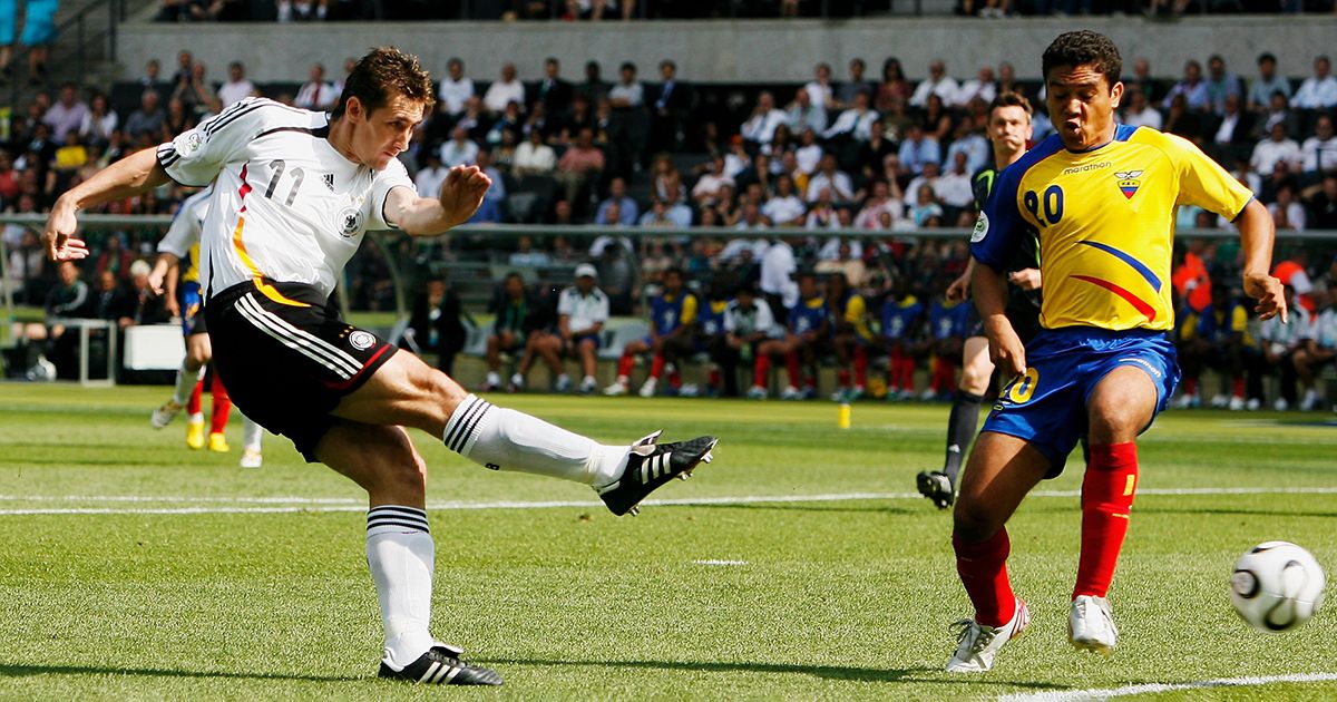 Miroslav Klose of Germany scores the opening goal during the FIFA World Cup Germany 2006 Group A match between Ecuador and Germany played at the Olympic Stadium on June 20, 2006 in Berlin, Germany.