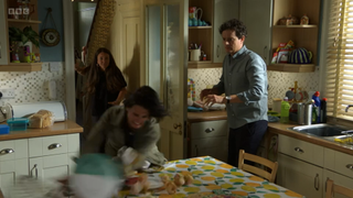 Eve Unwin smashes up the kitchen as a shocked Stacey Slater and Theo Hawthorne watch the destruction.