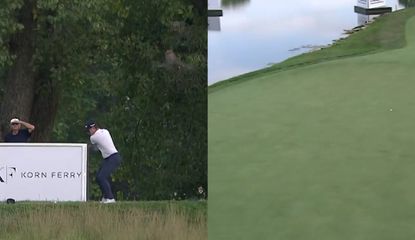 Matthews hits a drive with his golf ball landing on the green