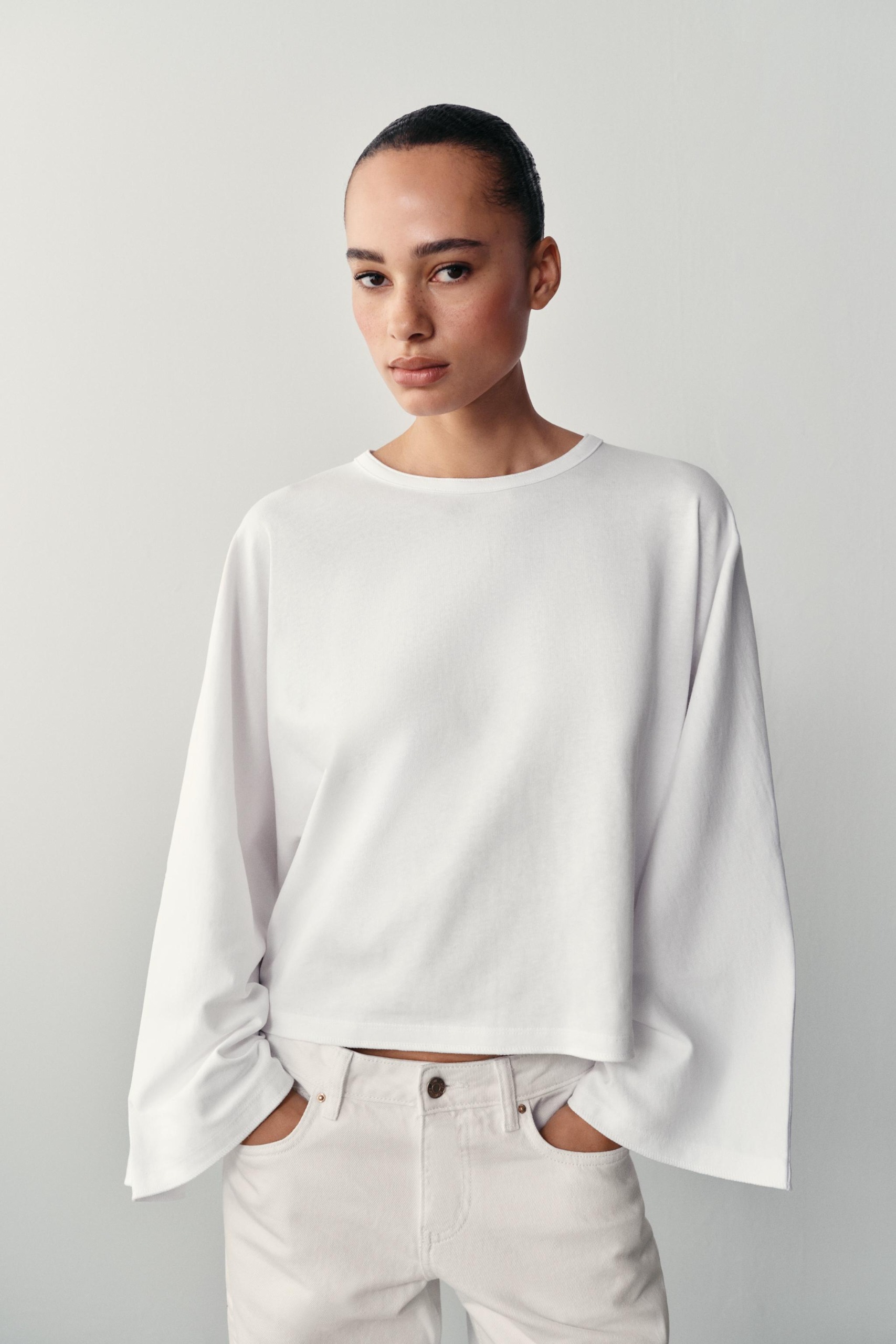 Cotton Wide-Sleeve T-Shirt - White - S