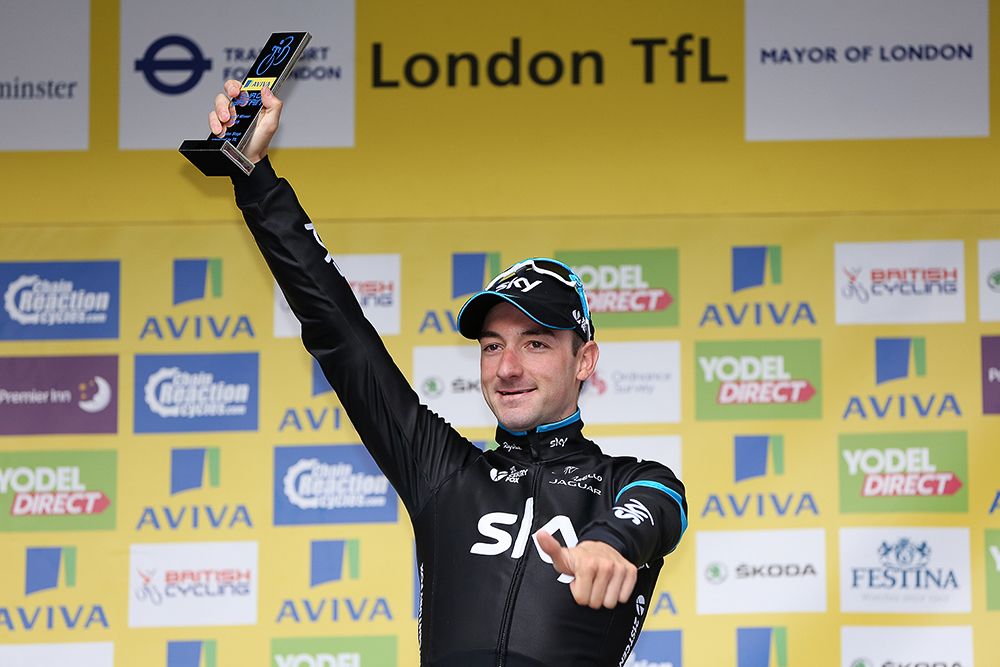 Elia Viviani on the stage 8 podium.