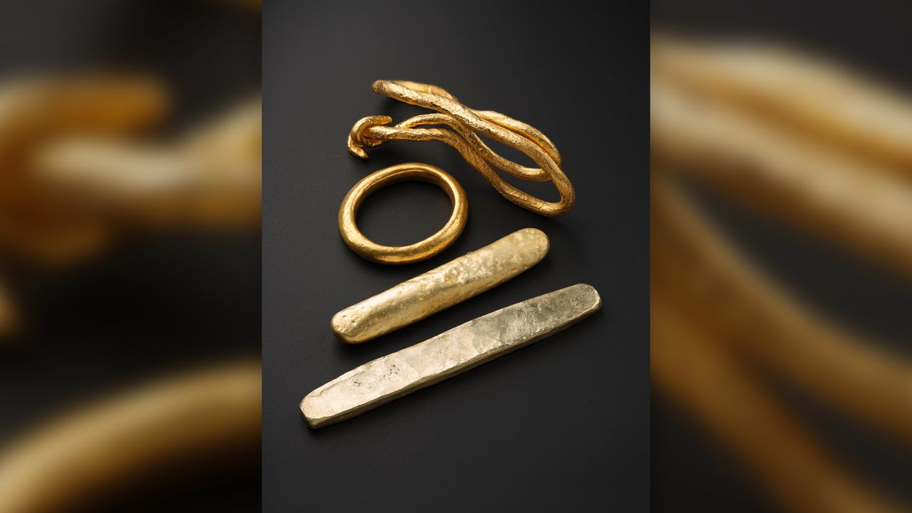 Gold artifacts found within the Galloway Hoard.