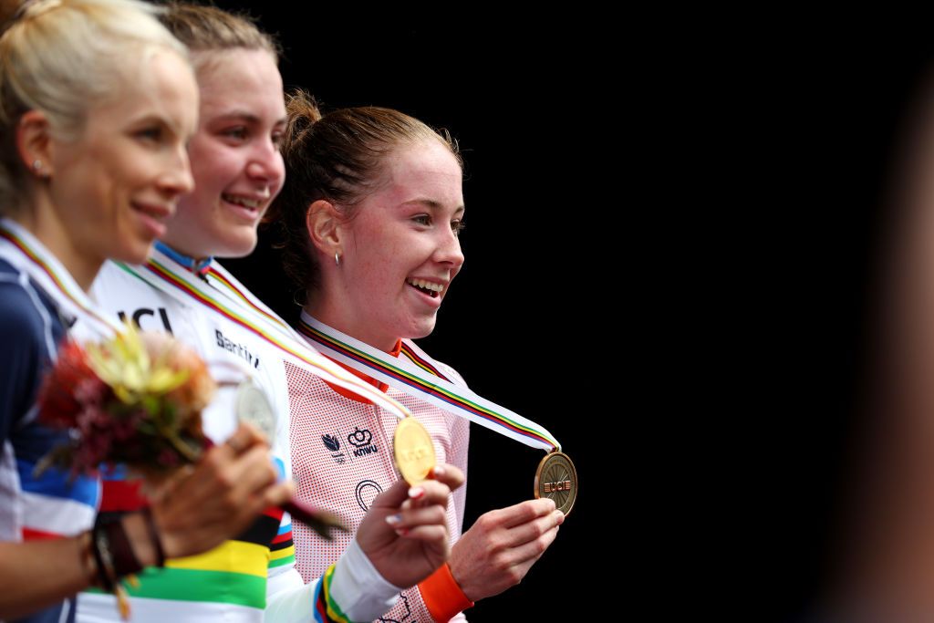 WOLLONGONG AUSTRALIA SEPTEMBER 24 Bronze medalist Nienke Vinke of The Netherlands poses on the podium during the medal ceremony after the 95th UCI Road World Championships 2022 Women Junior Road Race a 672km one day race from Helensburgh to Wollongong Wollongong2022 on September 24 2022 in Wollongong Australia Photo by Con ChronisGetty Images