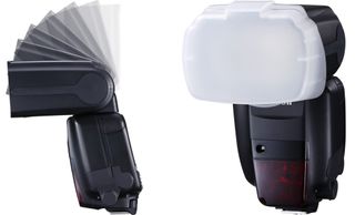 Most flashguns have heads that tilt upwards (left) to help you angle the light for a more flattering result. Many also come with diffuser caps (right) which help you to soften the output 