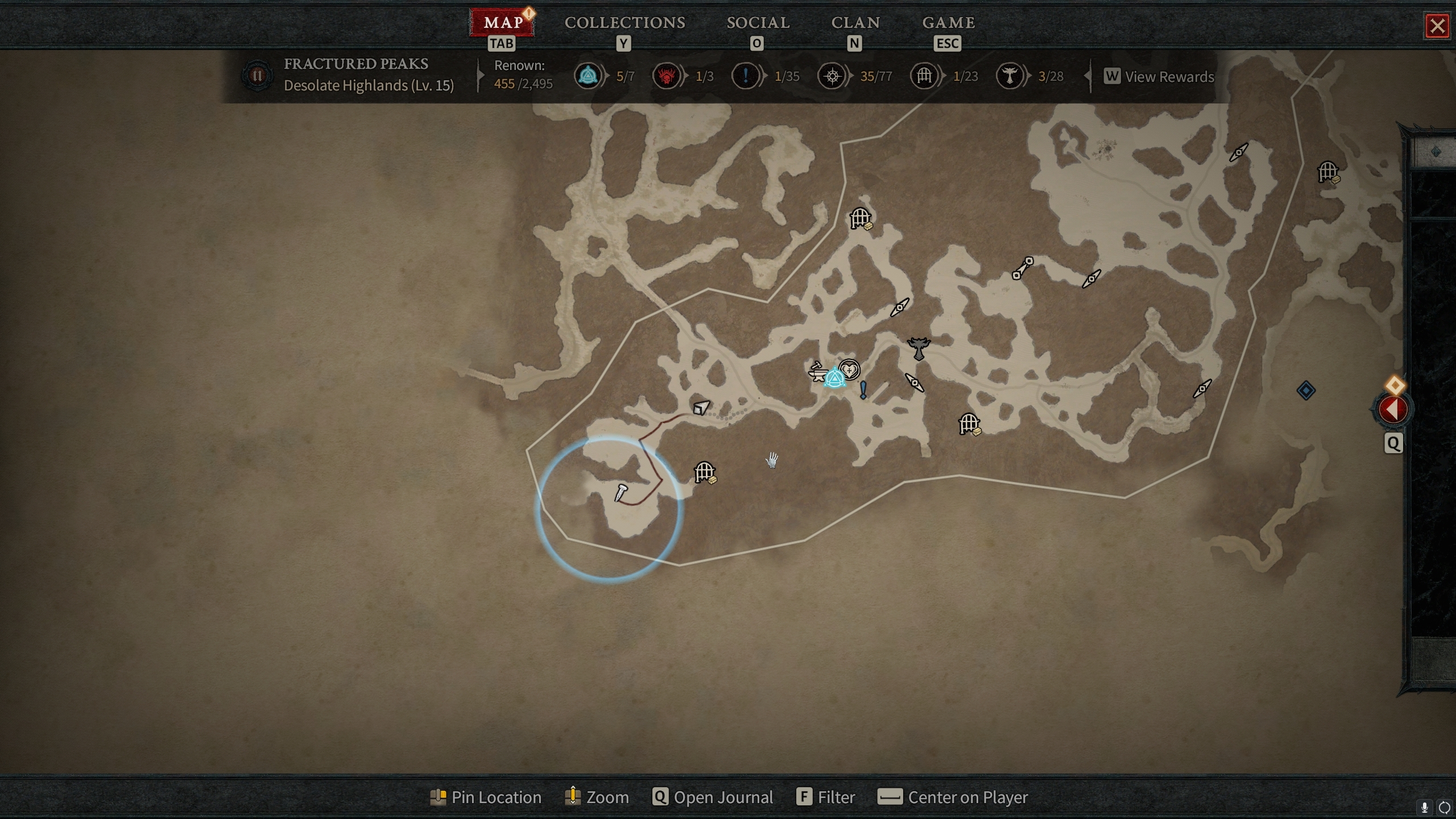 Diablo 4's map with a waypoint showing the route to get to it.
