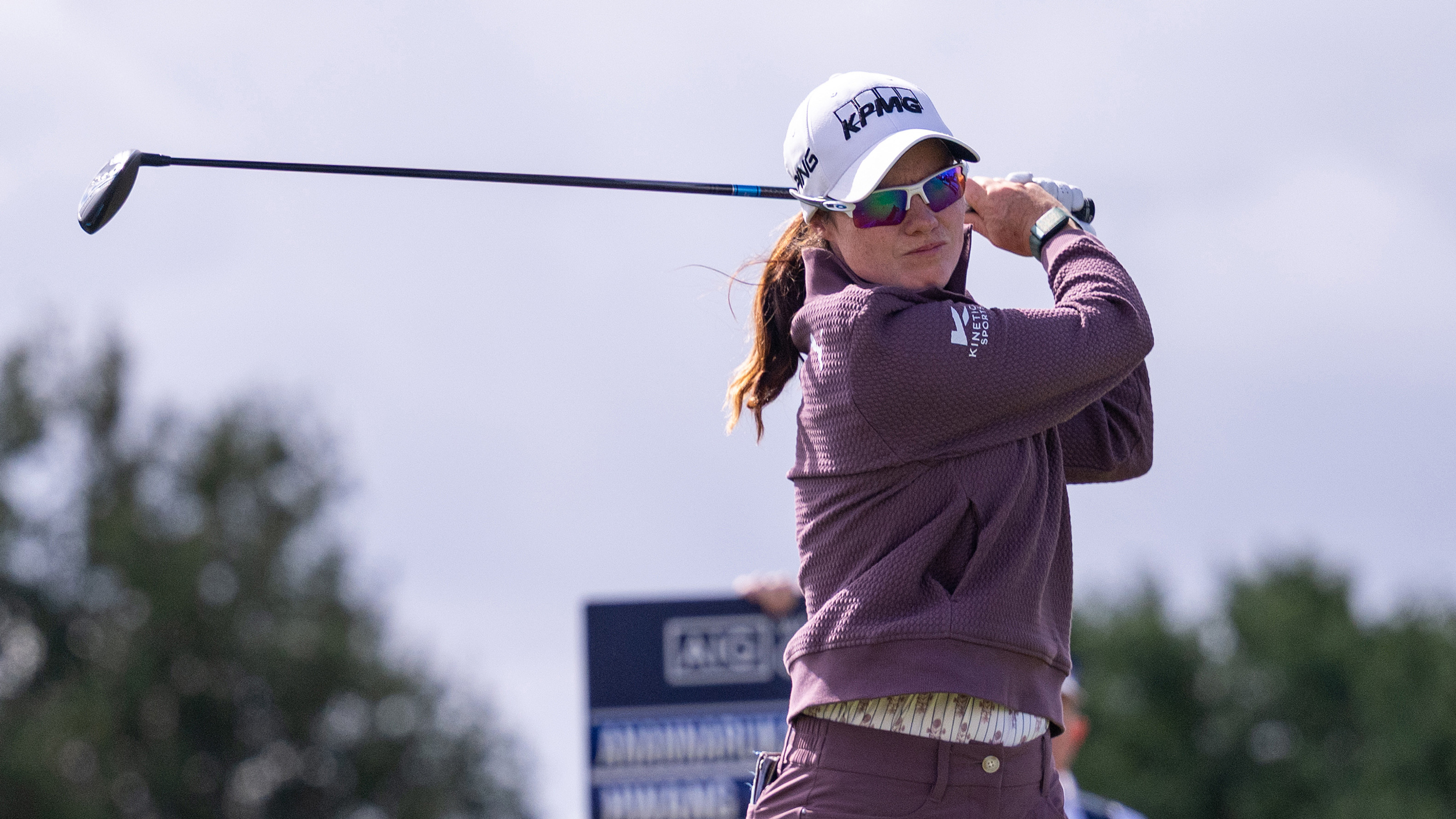 Leona Maguire holds her finish on a tee shot at the 2026 AIG Women's Open