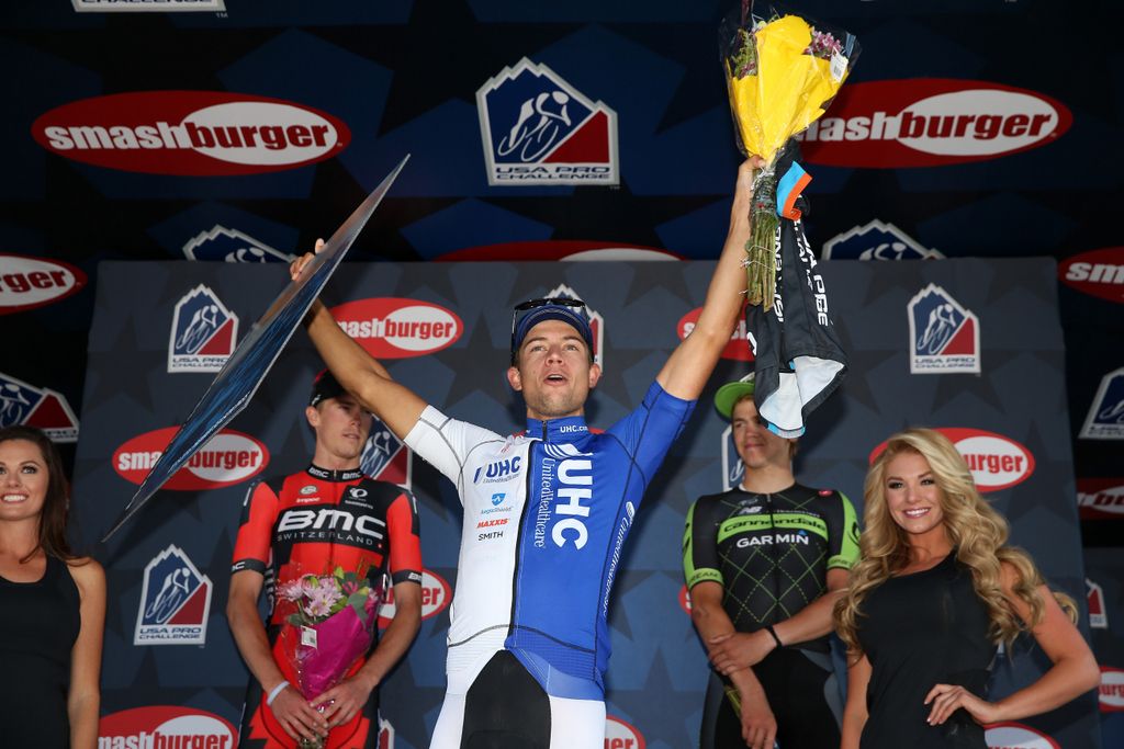 Kiel Reijnen (UnitedHealthcare) celebrates on the podium as stage winner