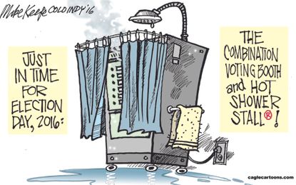 Political cartoon U.S. 2016 election Donald Trump Hillary Clinton voting booth shower stall