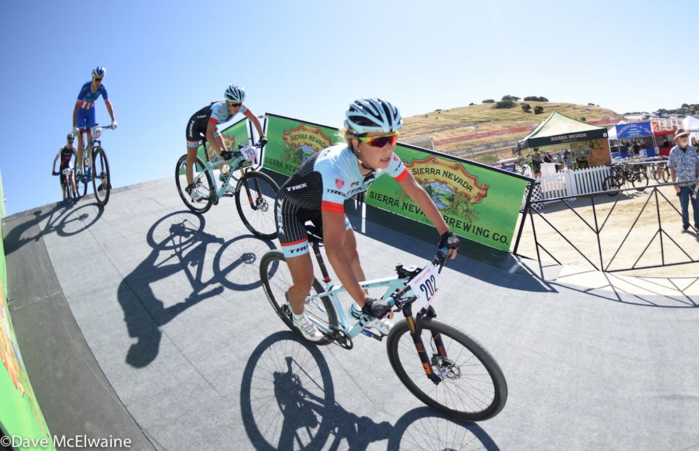 Emily Batty and Trek team-mate Rebecca Henderson riding in the lead group on lap three