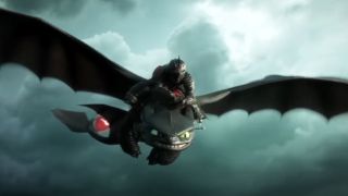 An armored Hiccup rides on Toothless in How To Train Your Dragon: The Hidden World.