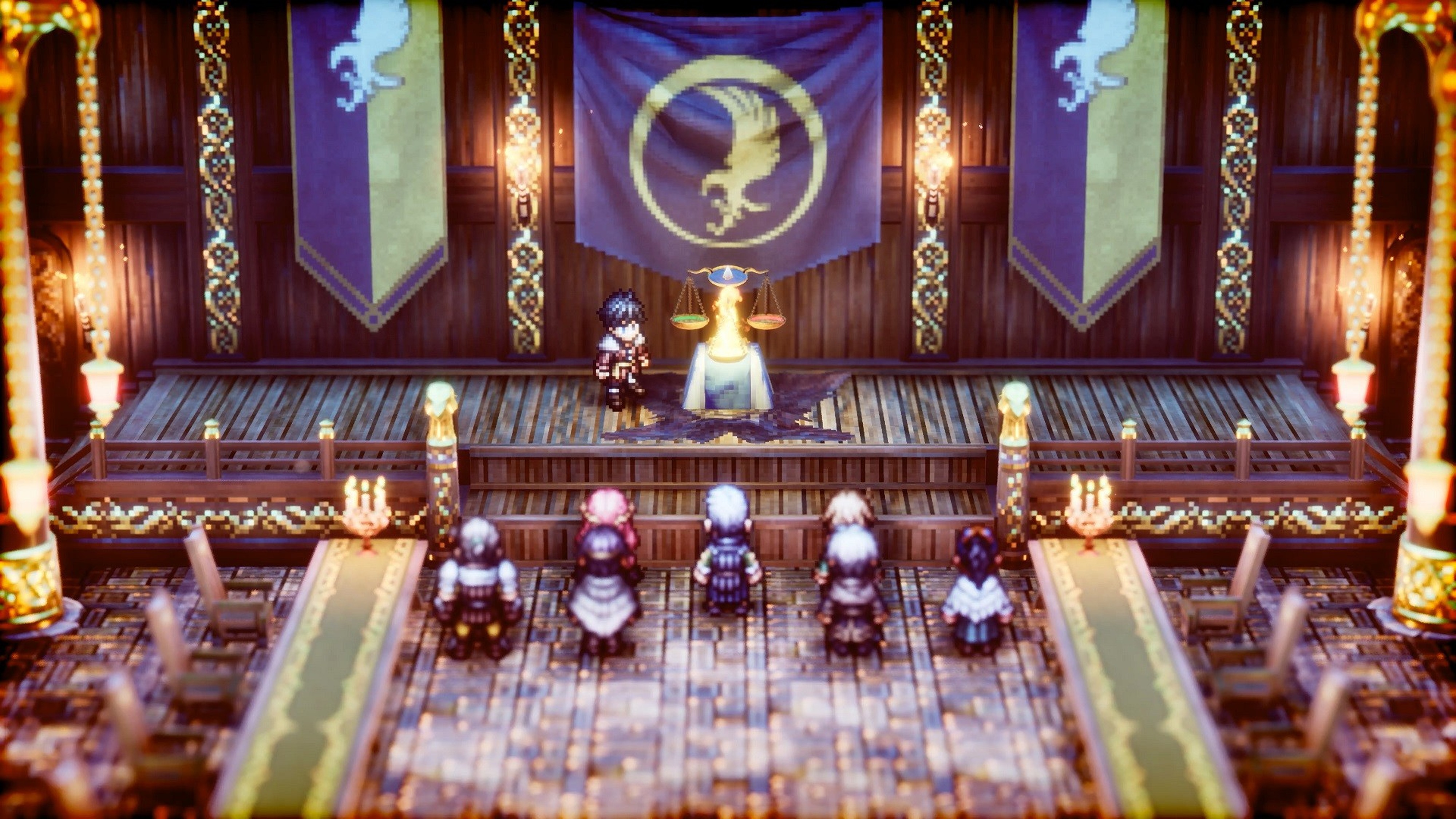Promotional screenshot of the party in front the Scales of Conviction in Triangle Strategy