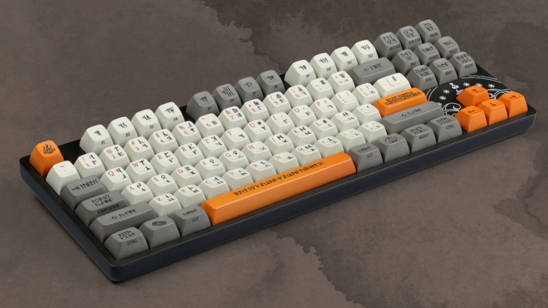 The Drop x LOTR Dwarven Keyboard three quarter angle.